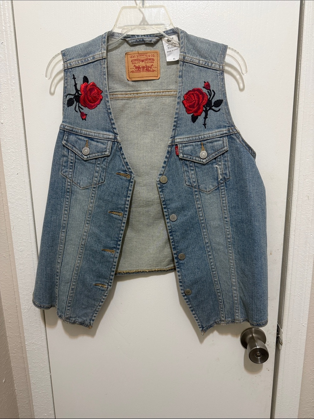 Levi's Women's Blue Denim Vest with Red Rose Patches custom made